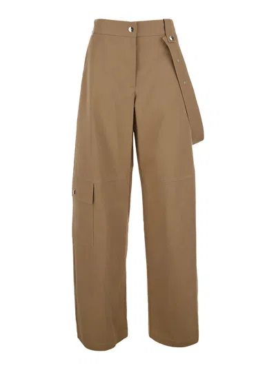 Msgm Logo Patch Cotton Pants For Women With Adjustable Side Strap In Brown