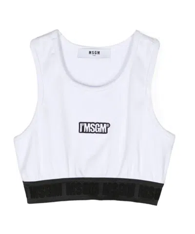 Msgm Kids' Logo-patch Fine-ribbed Cropped Top In White