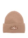 Msgm Logo-patch Ribbed Beanie In Brown