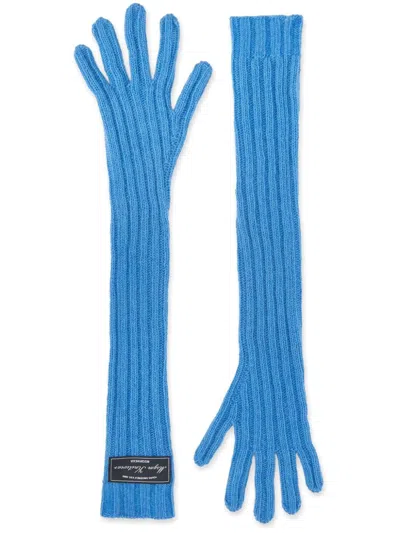 Msgm Logo-patch Ribbed-knit Gloves In Blue