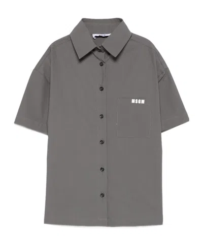 Msgm Kids' Logo Pocket Shirt In Gray