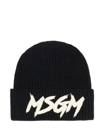 Msgm Kids' Logo-print Beanie Hat In Black