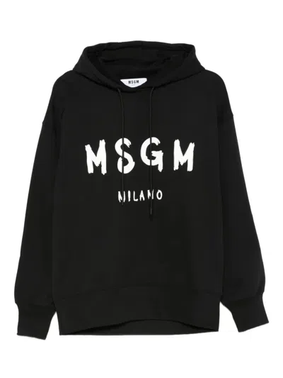 Msgm Logo Print Cotton Hoodie In Black
