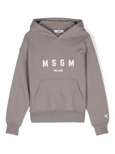 Msgm Logo-print Cotton Hoodie In Grey