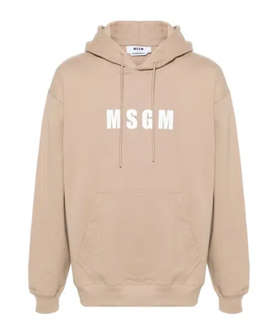 Msgm Logo-print Cotton Hoodie In Beige