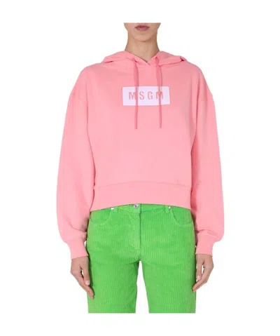 Msgm Cropped Boxy Hoodie With Drawstring In Pink