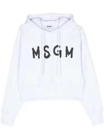 Msgm Cropped White Sweatshirt With Contrasting Logo