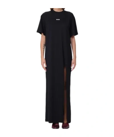 Msgm Crew Neck Long Dress With Side Slit In Black
