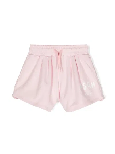 Msgm Kids' Logo-print Cotton Shorts In 粉色