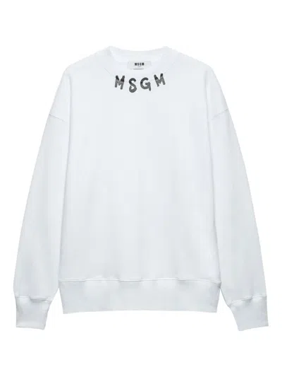 Msgm White Cotton Crewneck Sweatshirt With Logo Print On The Neck