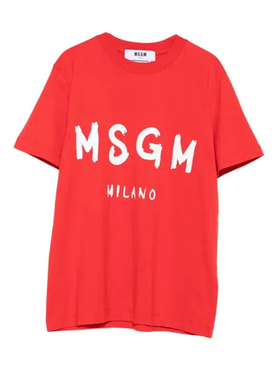 Msgm Logo Print Cotton T-shirt In Orange