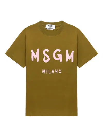 Msgm Logo Print Cotton T-shirt Clothing In Green