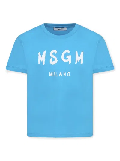 Msgm Kids' Logo-print Cotton T-shirt In Blue