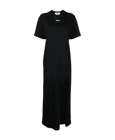 Msgm Crew Neck Long Dress With Side Slit In Black