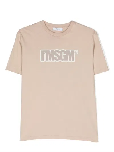 Msgm Kids' Logo-print Cotton T-shirt In Neutrals
