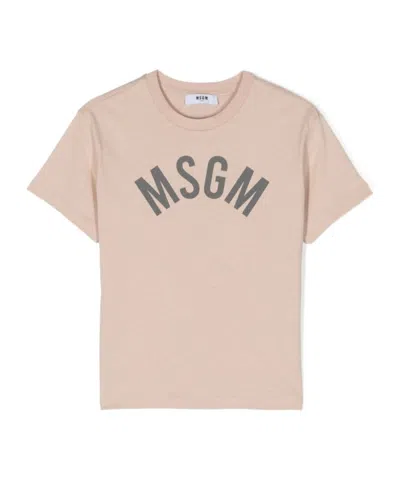 Msgm Kids' Logo Print Cotton T-shirt In Nude