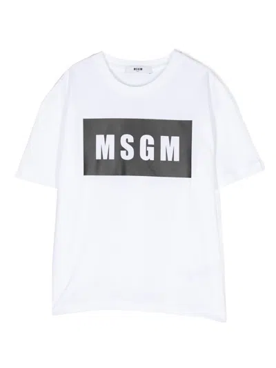 Msgm Kids' Logo-print Cotton T-shirt In White