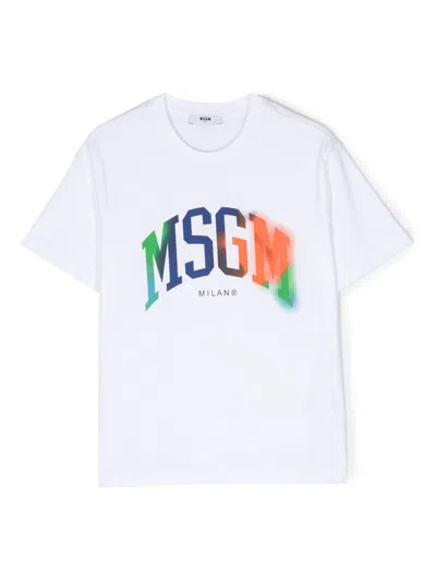 Msgm Kids' Logo-print Cotton T-shirt In White