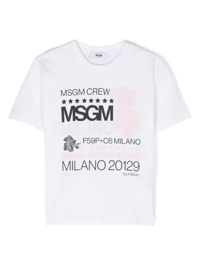 Msgm Kids' Logo-print Cotton T-shirt In White