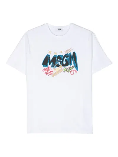 Msgm Kids' Logo-print Cotton T-shirt In White