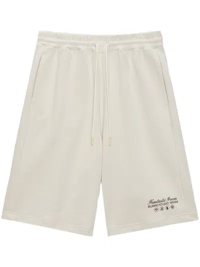 Msgm Logo-print Cotton Track Shorts In Neutrals