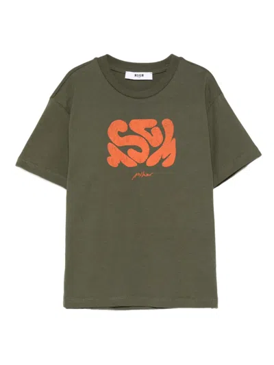 Msgm Kids' Logo-print Crew-neck T-shirt In Green