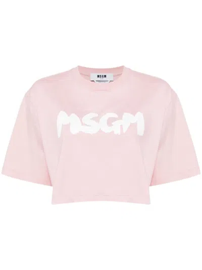 Msgm Logo-print Cropped T-shirt In Pink