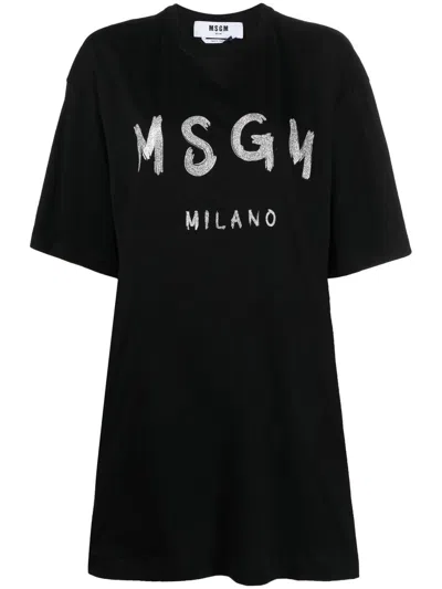 Msgm Logo-print Glitter T-shirt Dress In Black