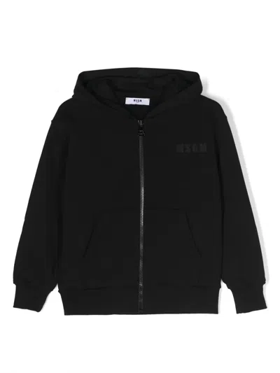 Msgm Kids' Logo-print Hooded Zip-up Hoodie In Black
