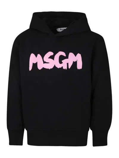Msgm Kids' Black Sweatshirt For Girl With Pink Logo