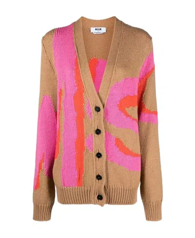 Msgm Logo-print Knit Cardigan In Pink