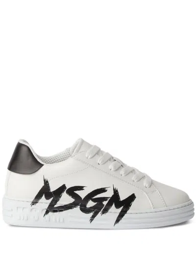 Msgm Logo印花皮质运动鞋 In White