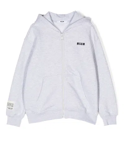 Msgm Kids' Logo-print Long-sleeve Hoodie In Grey