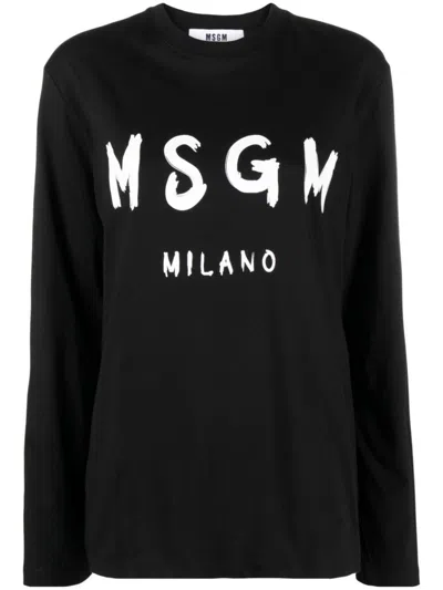 Msgm Logo-print Long-sleeve Cotton T-shirt In Black