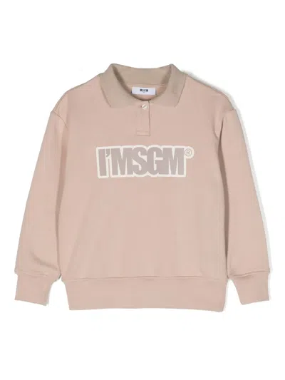 Msgm Kids' Logo-print Polo-collar Sweatshirt In Beige