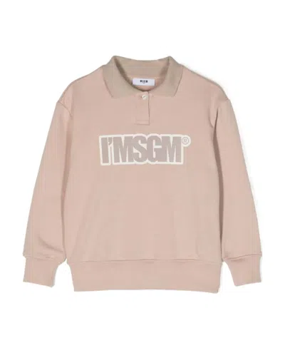 Msgm Logo-print Polo-collar Sweatshirt In Nude