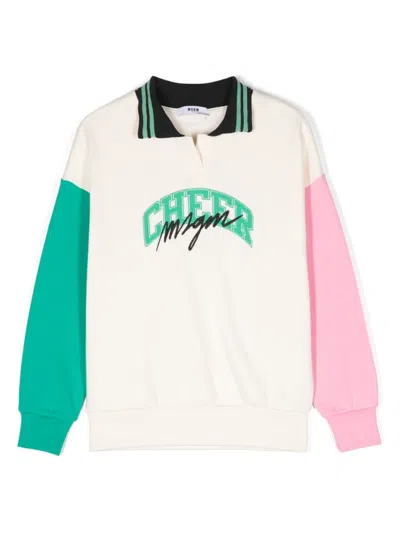 Msgm Kids' Logo-print Polo Shirt In White