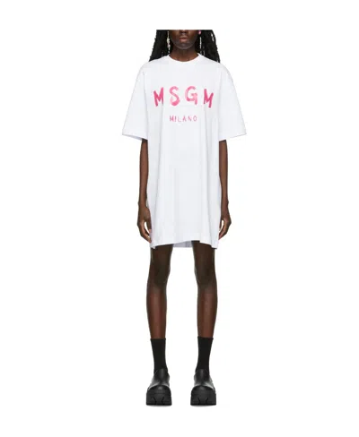 Msgm Logo Print Round-neck Dress In White