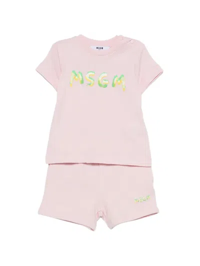 Msgm Babies' Logo-print Short Set In Pink