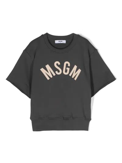 Msgm Kids' Logo-print Short-sleeve Sweatshirt In Grey