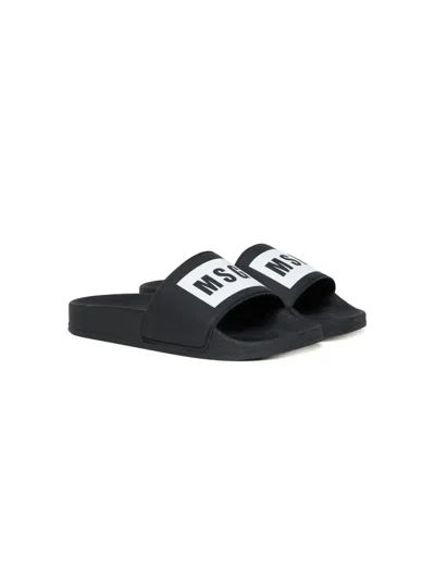Msgm Kids' Logo-print Slides In Black