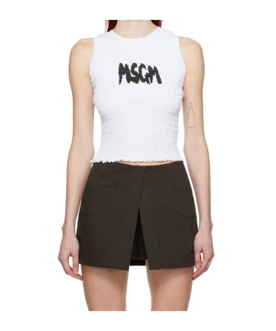 Msgm Logo-print Smocked Cotton Top In White