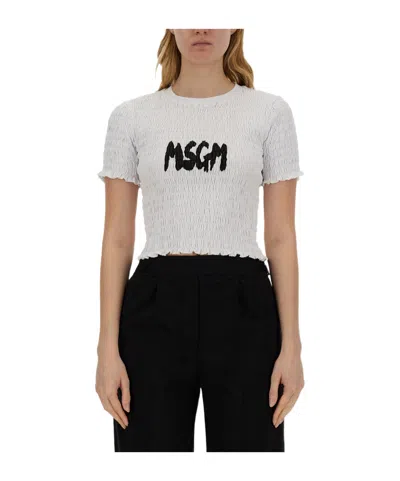 MSGM MSGM LOGO-PRINTED SMOCKED CROPPED TOP
