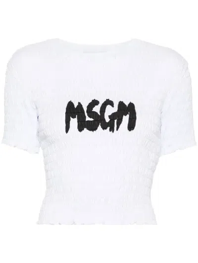 MSGM LOGO-PRINT SMOCKED T-SHIRT