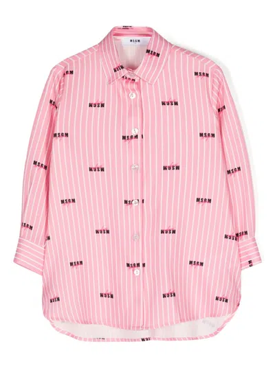 Msgm Kids' Gestreiftes Hemd Mit Logo-print In Rosa