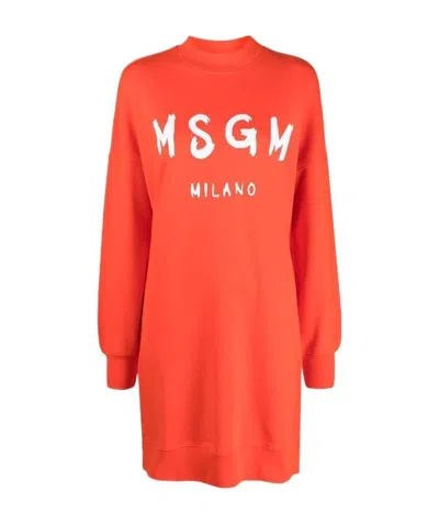 Msgm Logo-print Sweater Dress In Orange