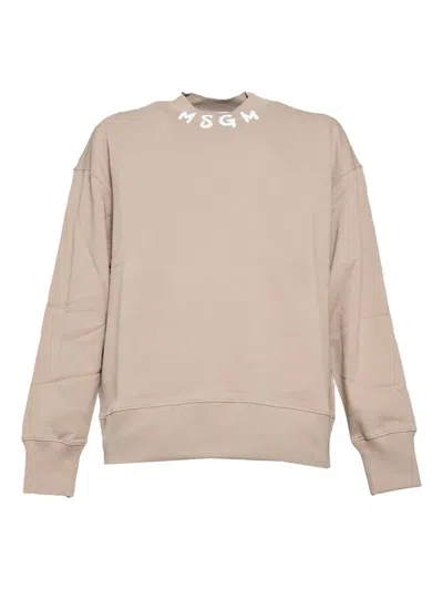 Msgm Beige Cotton Crewneck Sweatshirt Brush Logo Print On Neck