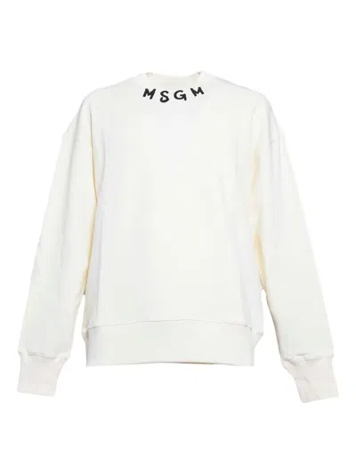 Msgm Cream Cotton Crewneck Sweatshirt Brush Logo In Neutrals