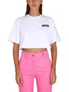 Msgm White Crop T-shirt With Logo Print On The Front And Maxi Print On The Back