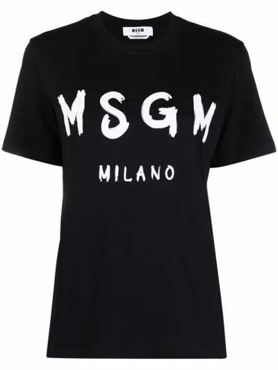 Msgm Black T-shirt With White Brushed Logo